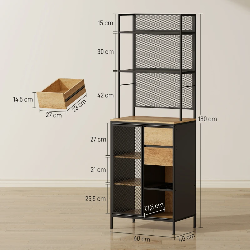 HOMCOM Küchenbuffet, Küchenschrank, Arbeitsplatte, Schiebetür, Schubladen und offene Regale, 60x40x180cm, Naturholz