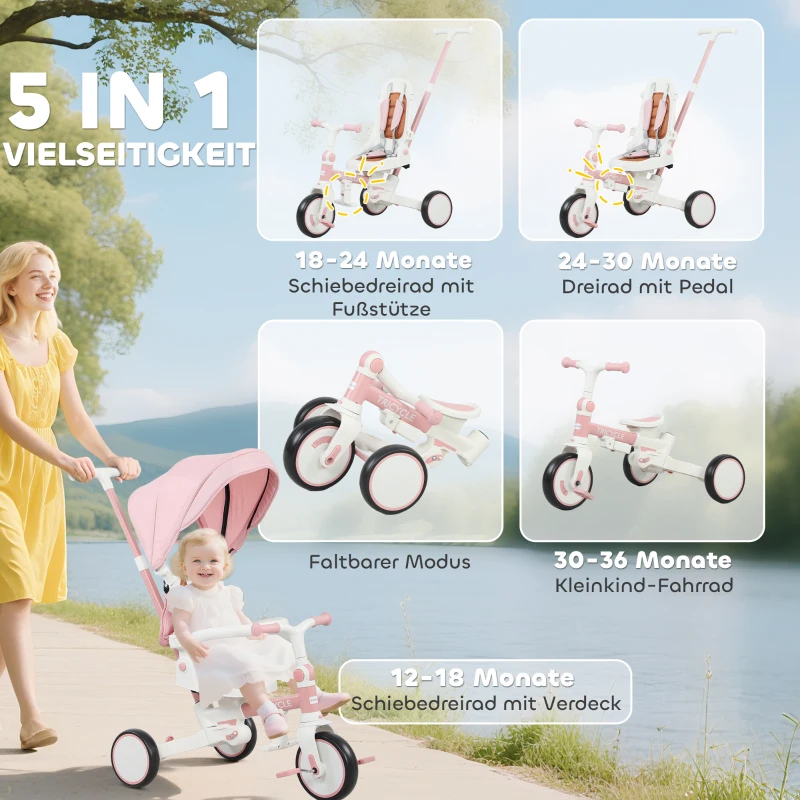 AIYAPLAY Kinder-Dreirad, wandelbarer Baby-Buggy, 5-in-1 Design, abnehmbarer Schiebegriff, verstellbar, Sicherheitsgurt, Aufbewahrungstasche, 1-3 Jahre, Rosa