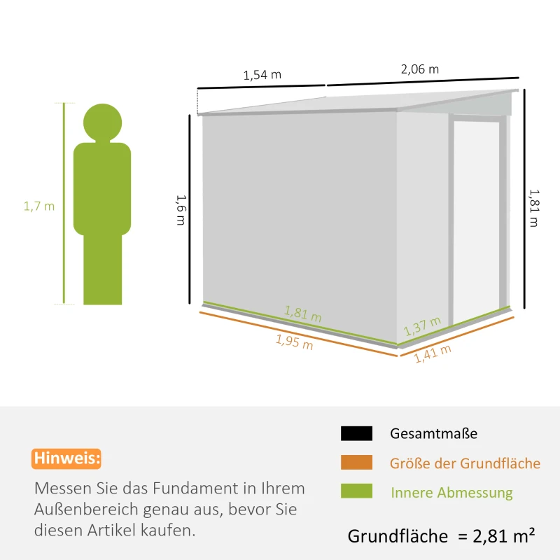 Outsunny Metall Gerätehaus 2,81m² 154x206,5x181 cm Geräteschuppen mit Pultdach Fundament(m-3)