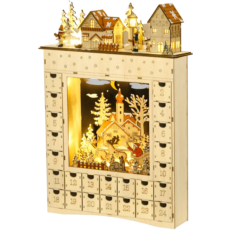 HOMCOM Adventskalender zum Befüllen 24 Schubladen Fächer Weihnachtskalender mit LED-Lichtern Naturholz 36 x 9 x 52 cm