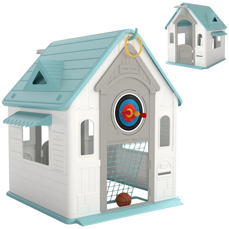 AIYAPLAY 5-in-1 Playhouse for Kids Outdoor Indoor with Basketball Hoop, Football Goal, Dartboard, Ring Toss for 2-5 Years, Beige