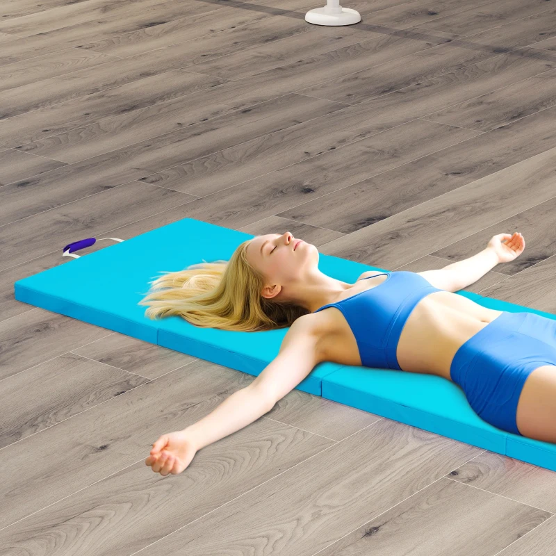 SPORTNOW Tappetino Gimnasia Pieghevole con Maniglie di Trasporto e Borsa per Yoga Aerobica, Blu