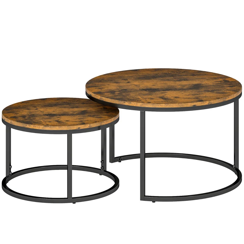 HOMCOM Set mit 2 ineinander passenden stapelbaren Couchtischen im Industriedesign mit Zementoptikplatte und Metallbeinen in rustikalem Braun