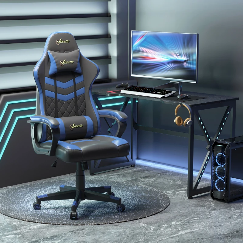 Vinsetto Cadeira Gaming Cadeira de Escritório Ergonómica com Altura Regulável Basculante Apoio de Cabeça 61x70x121-129 cm Azul