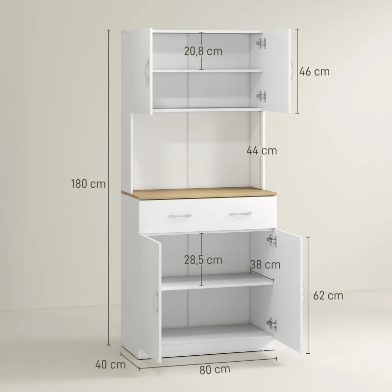 HOMCOM Buffet haut cuisine, armoire de cuisine, 4 portes, tiroir, plan de travail et étagères réglables, 80x40x180cm, blanc