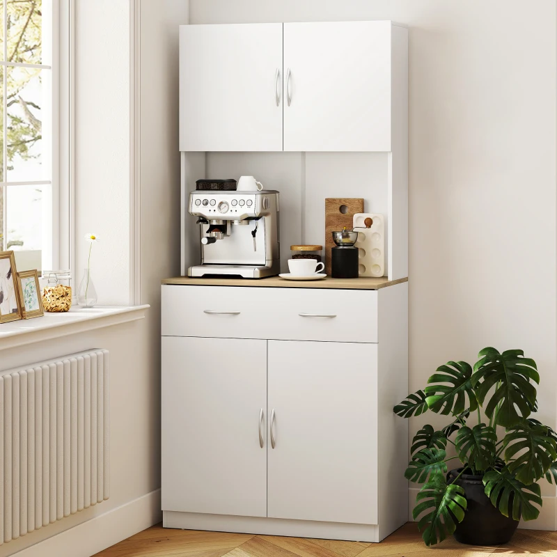 HOMCOM Buffet haut cuisine, armoire de cuisine, 4 portes, tiroir, plan de travail et étagères réglables, 80x40x180cm, blanc