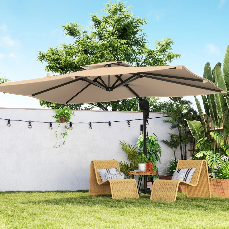 Outsunny 3.7 x 2.7 m Cantilever Parasol w/360° Rotation and Easy Tilt Adjustment, Aluminium Hanging Offset Outdoor Umbrella w/Double Top, Cross Base, UPF50+ Hanging Sun Shade, Black Pole