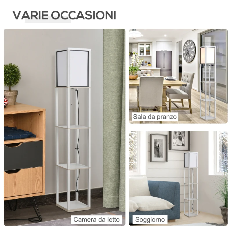 HOMCOM Lampada da Terra 40W con 3 Mensole e Interruttore a Pedale, in Legno e PS, 26x26x160 cm, Bianco