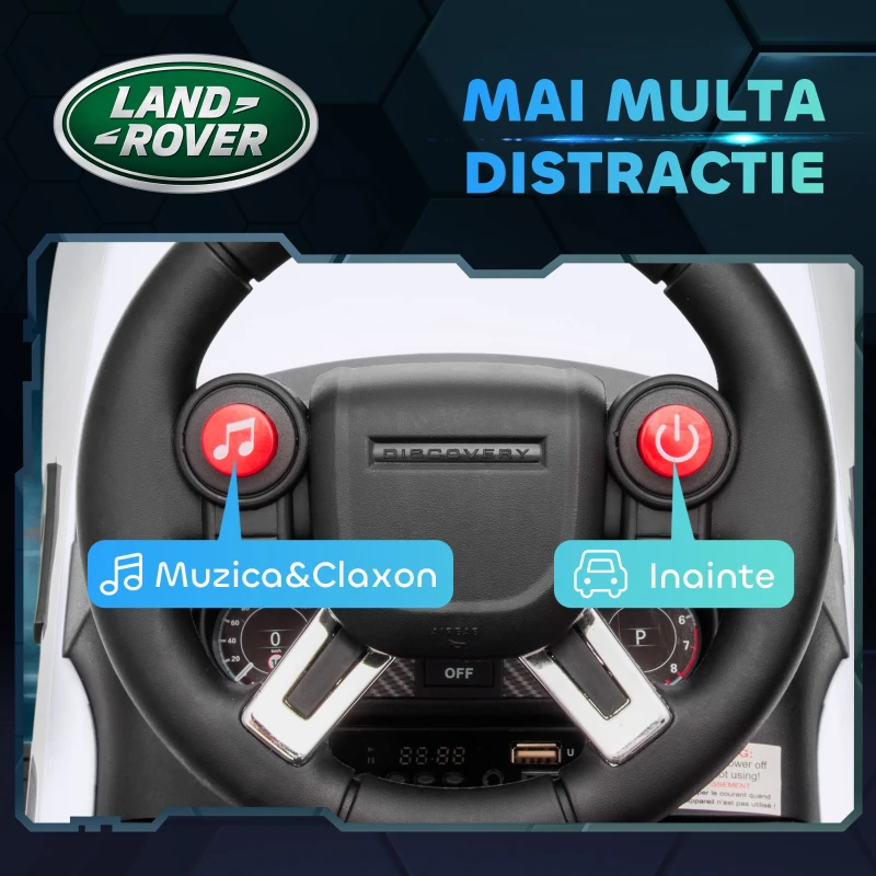 AIYAPLAY Mașinuță Electrică pentru Copii 18 Luni-5 Ani cu Licență Land Rover cu Muzică, USB și MP, 65x43x40 cm ,Alb