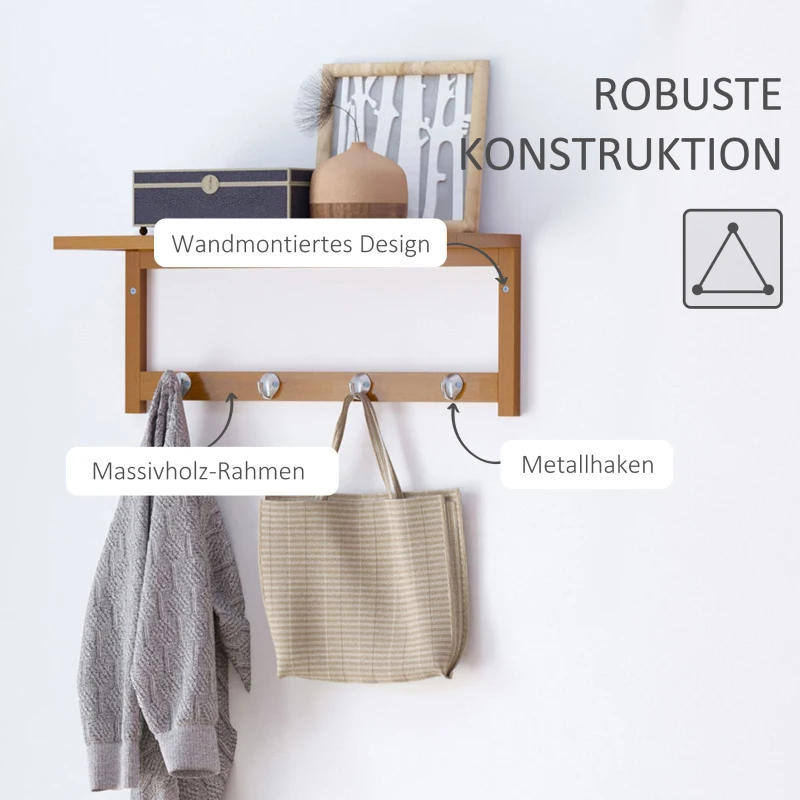 HOMCOM Wieszak ścienny z haczykami, montaż ścienny oszczędzający miejsce, nośność 5 kg, 50 x 16 x 17,5 cm drewno naturalne