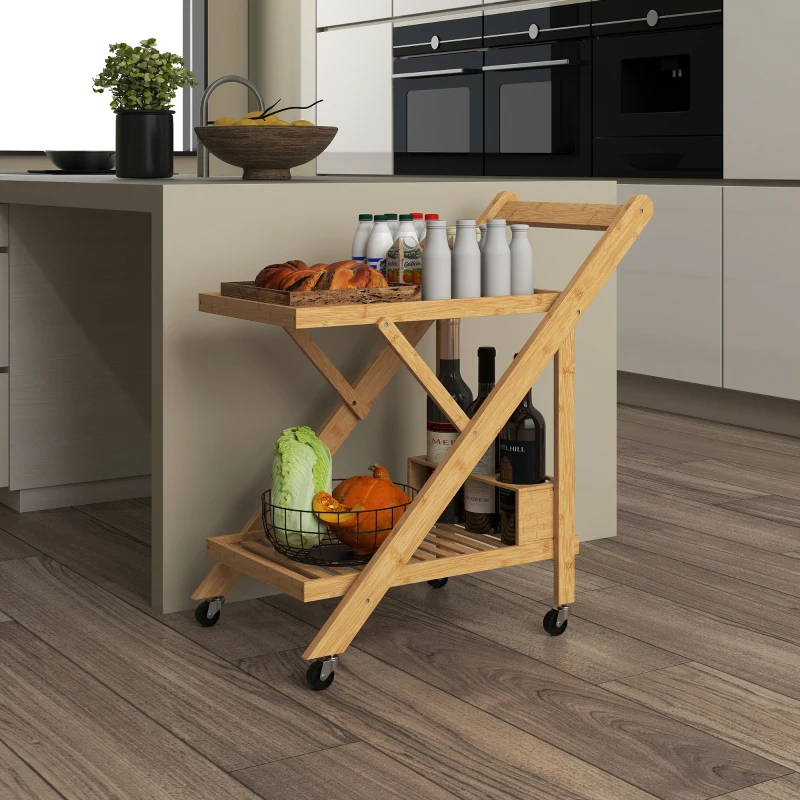 HOMCOM Desserte de cuisine en bambou chariot de service pliable 2 plateaux 4 roues 3 casiers à vin 66 x 40 x 70 cm bois naturel