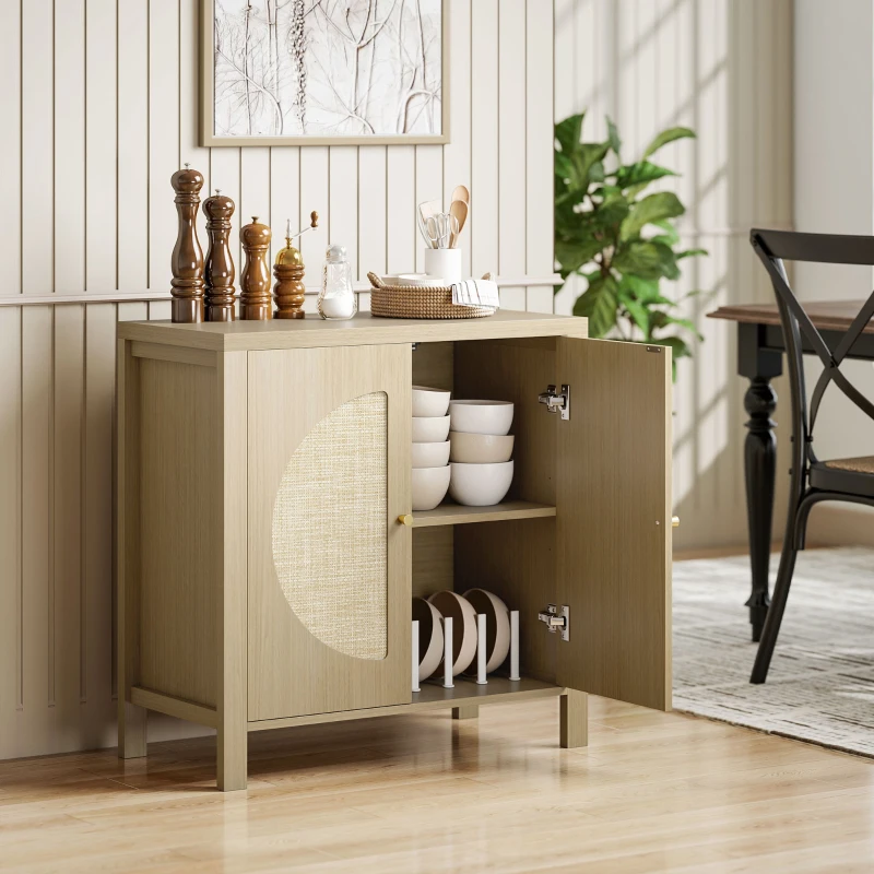 HOMCOM Küchenschrank mit 2 Türen aus Rattan verstellbarem Regal und 2 Griffen 75x38x77 cm Naturholz