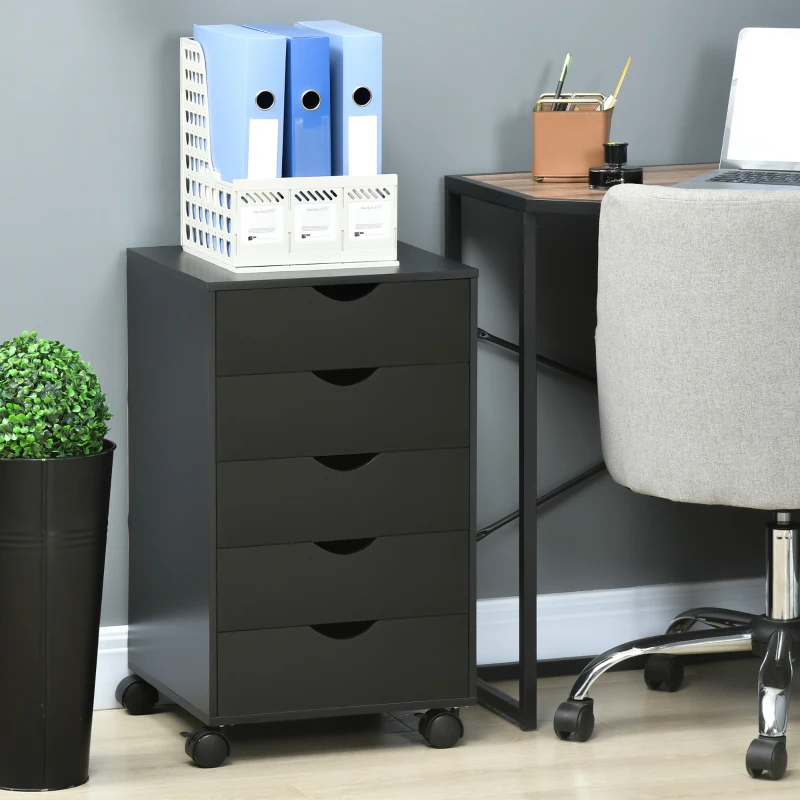 HOMCOM Cajonera Oficina con Ruedas y 5 Cajones Archivador Móvil, para Estudio Salón 40x40x67 cm Negro
