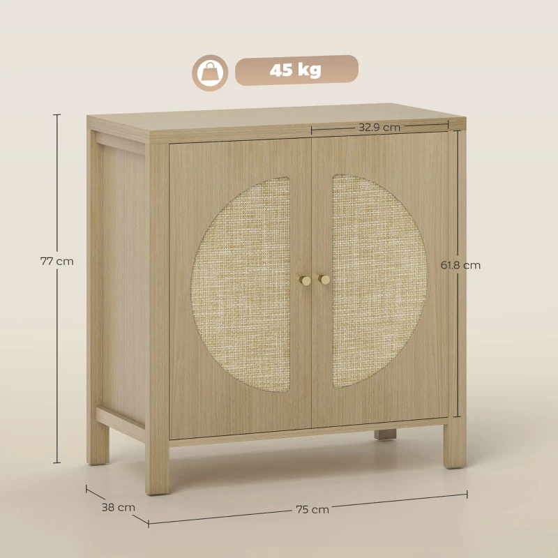 HOMCOM Credenza da Cucina con 2 Porte in Rattan, Scaffale Regolabile e 2 Maniglie 75x38x77 cm Legno Naturale