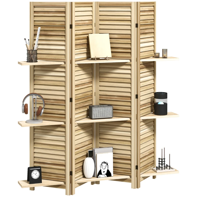 HOMCOM Paravent intérieur en bois 4 panneaux 160 x 170 cm, séparateur de pièce pliable avec 3 étagères, bois naturel