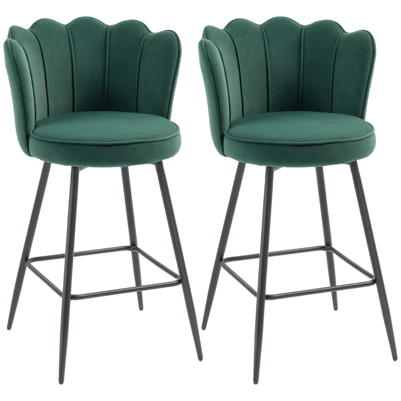HOMCOM Set di 2 sgabelli da bar con schienale e poggiapiedi, Gambe in acciaio, 54 x 55 x 97 cm, Verde scuro