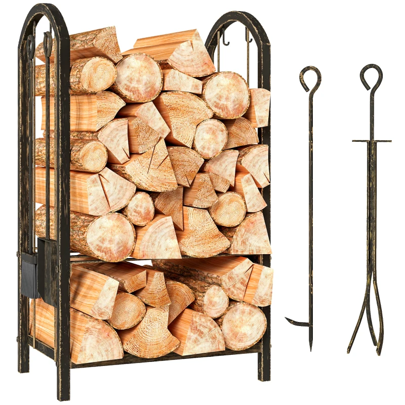 Outsunny Porte-bûches intérieur 43 x 30 x 74cm 2 Ebenen Brennholzregal mit 4 Kaminwerkzeug, Haken