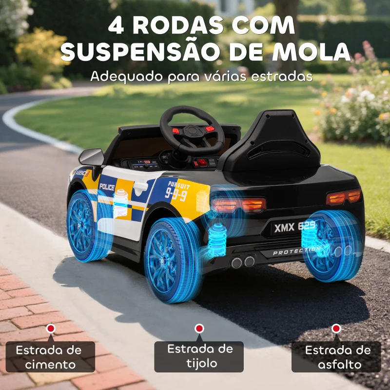 AIYAPLAY Carro Elétrico Infantil Modelo Policial 12V com Comando a Distância 2,4 Luzes Sirene Música USB e Suspensão 96x60x45 cm Multicor