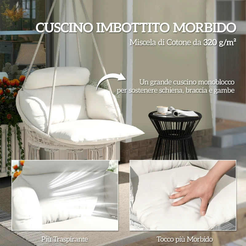 Outsunny Poltrona Sospesa in Stile Boho con Cuscino, in Acciaio, Cotone e Poliestere, 80x60x40 cm, Bianco Crema