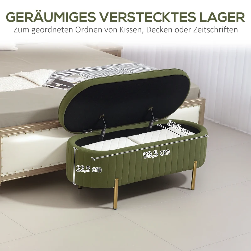 HOMCOM Opbergbank Ovaal met 72L Opbergruimte en Opklapbaar Deksel in Fluwelen stof en Hout, 108x44x43,5 cm, Donkergroen(m-6)