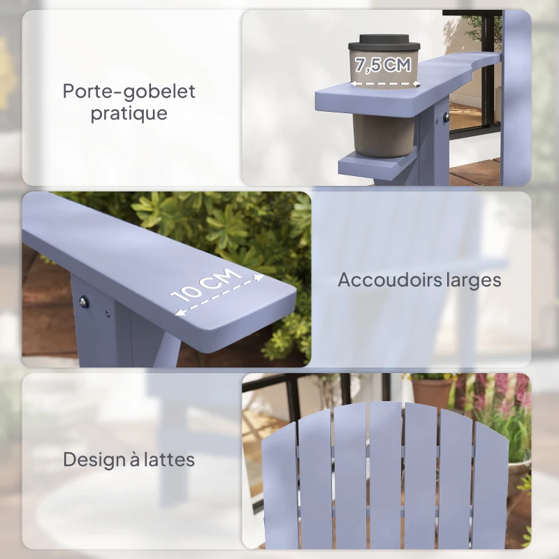 Outsunny Fauteuil de jardin Adirondack grand confort porte-gobelet intégré bois de sapin traité peint gris