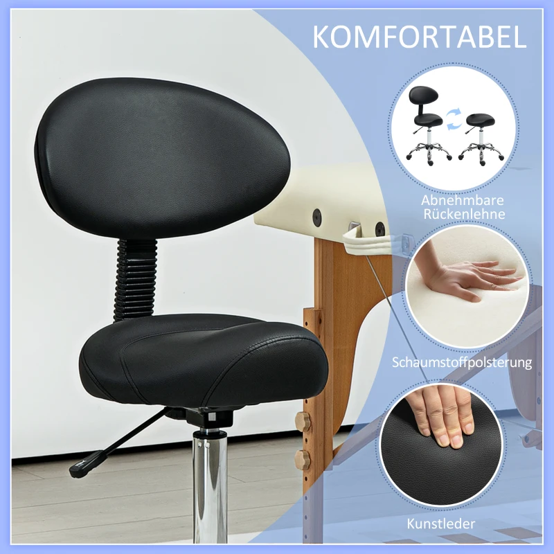 HOMCOM Rollhocker met hoogteverstelbare zitting 51-67 cm en rugleuning, voor massagestudio, tattoo, kliniek, spa, zwart