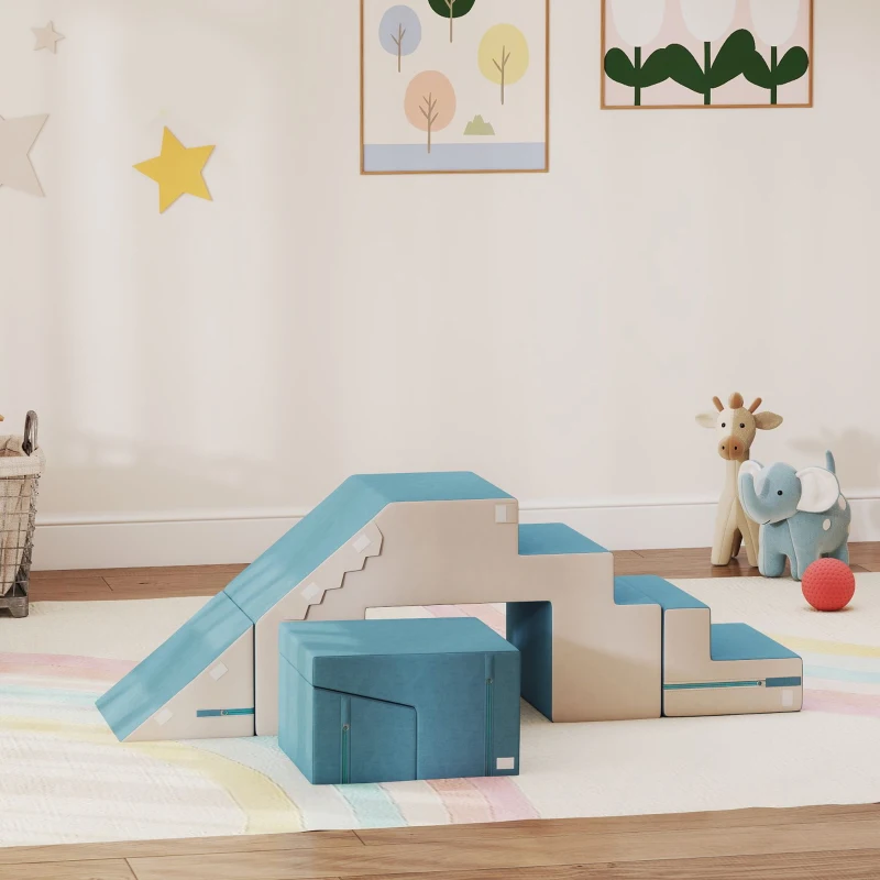 AIYAPLAY 2-delige set zachte speelblokken voor kleintjes, kunstleer, schuim, voor klimmen, bouwen, spelen, Beige+Blauw(m-10)