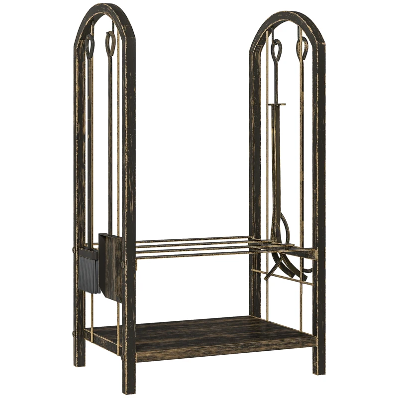 Outsunny Portalegna per interni a 2 Livelli, con 4 Attrezzi per Camino e Ganci, 43x30x74 cm, Marrone