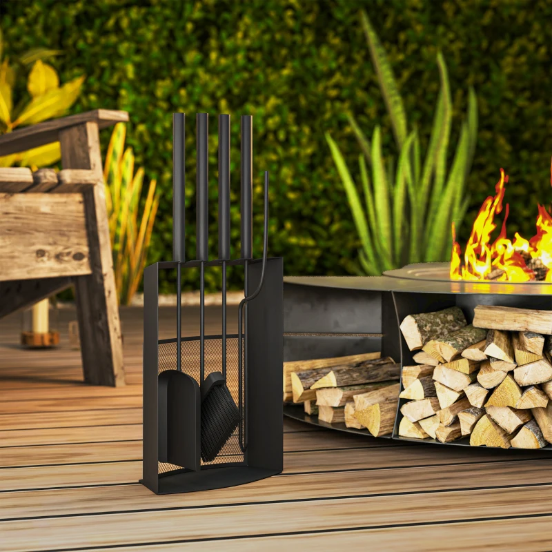 Outsunny Set di attrezzi per caminetto 5 pezzi, con scopa, paletta, punteruolo, pinza e supporto, in metallo, Nero