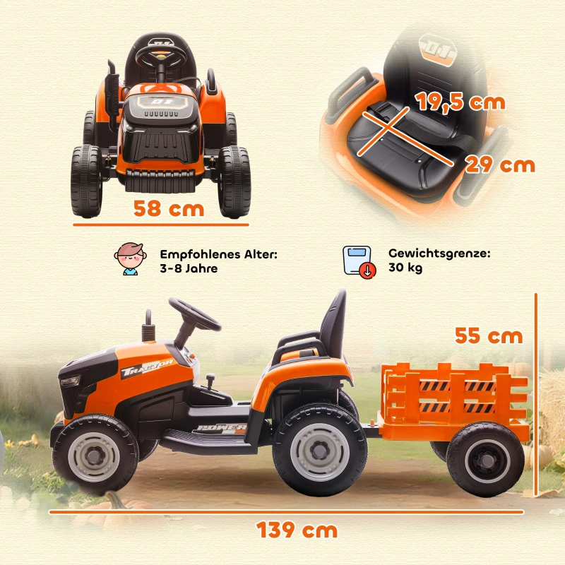 AIYAPLAY Elektrischer Kindertraktor, Aufsitz-Traktor mit Fernbedienung, Soft-Start, für Kinder im Alter von 3-8 Jahren, Orange(m-3)