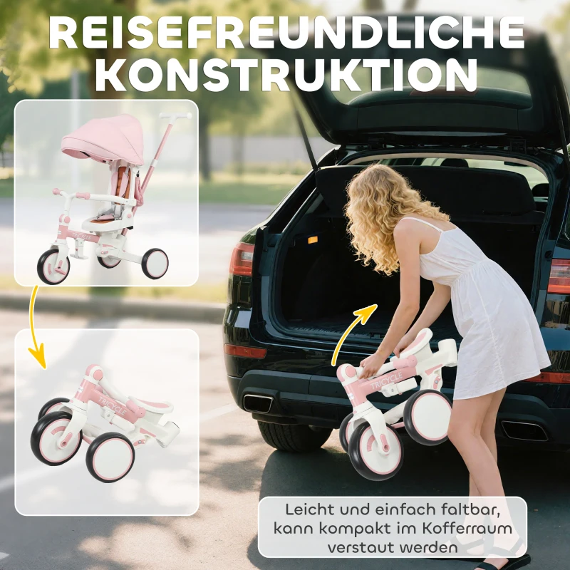 AIYAPLAY Kinder-Dreirad, wandelbarer Baby-Buggy, 5-in-1 Design, abnehmbarer Schiebegriff, verstellbar, Sicherheitsgurt, Aufbewahrungstasche, 1-3 Jahre, Rosa