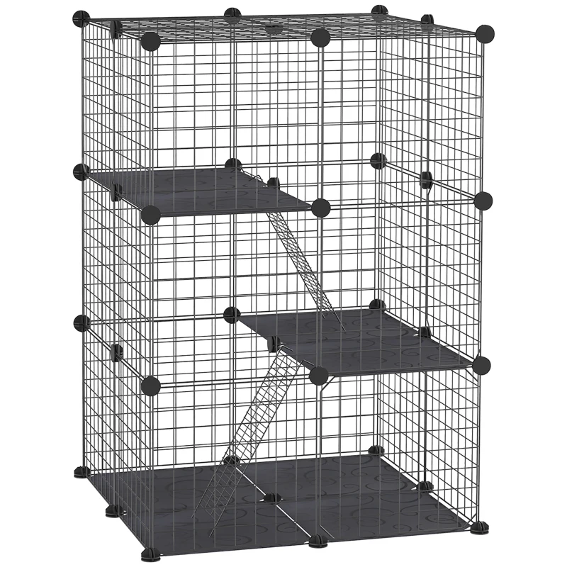 PawHut Modulare Kaninchen- und Meerschweinchenkäfig Mehrstufig mit 3 Türen und Stahlgitter, Schwarz
