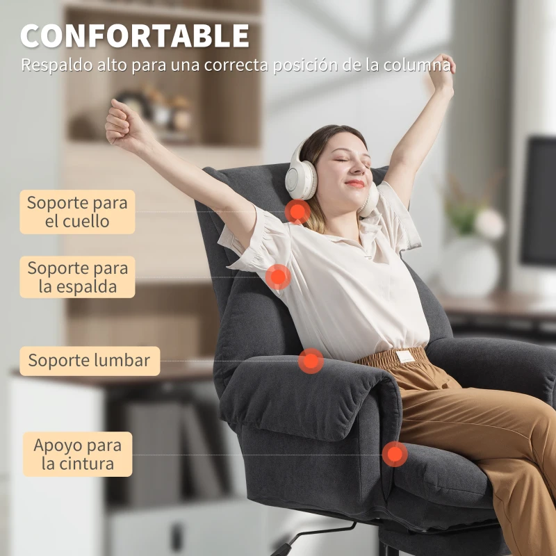 HOMCOM Silla de Escritorio con Reposapiés Respaldo Reclinable y Alto Asiento y Reposabrazos Anchos Acolchado Grueso Gris Oscuro