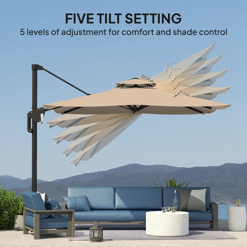 Outsunny 3.7 x 2.7 m Cantilever Parasol w/360° Rotation and Easy Tilt Adjustment, Aluminium Hanging Offset Outdoor Umbrella w/Double Top, Cross Base, UPF50+ Hanging Sun Shade, Black Pole