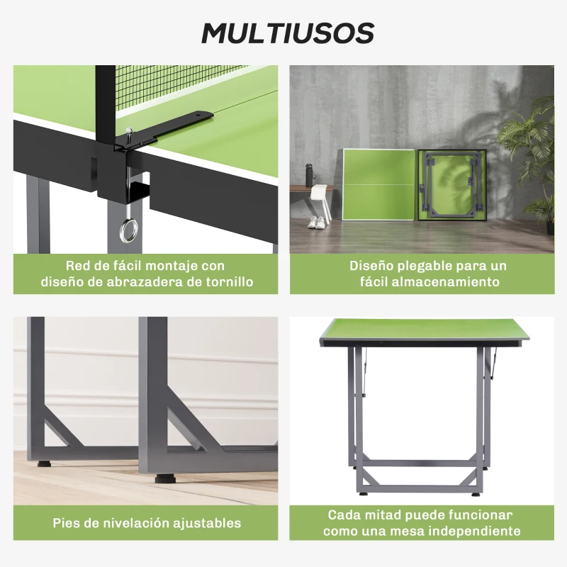 HOMCOM Mesa de Ping-Pong Plegable con Red y Marco de Acero Fácil de Transportar para Interior y Exterior 182x91x76 cm Verde