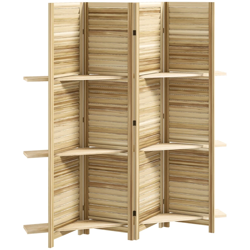 HOMCOM Innenraum-Paravent aus Holz mit 4 Paneelen 160 x 170 cm, faltbarer Raumteiler mit 3 Regalen, naturholz