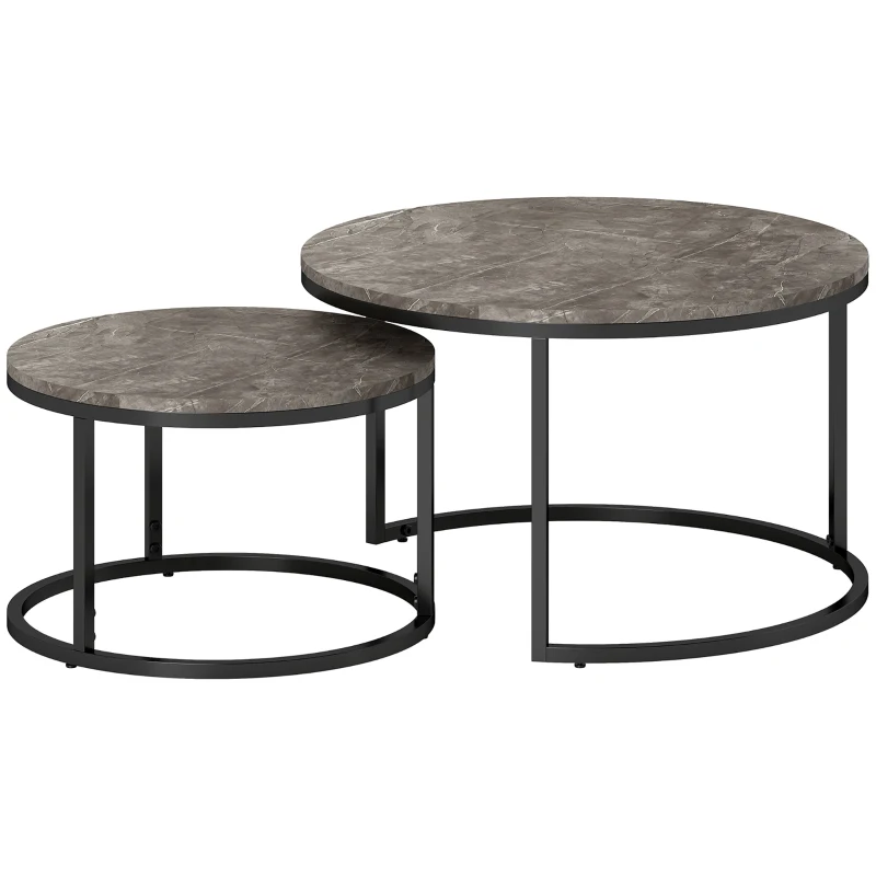HOMCOM 2er-Set runde Couchtische, stapelbare Beistelltische mit Metallrahmen, Wohnzimmertisch in Marmoroptik, Kaffeetisch, Grau