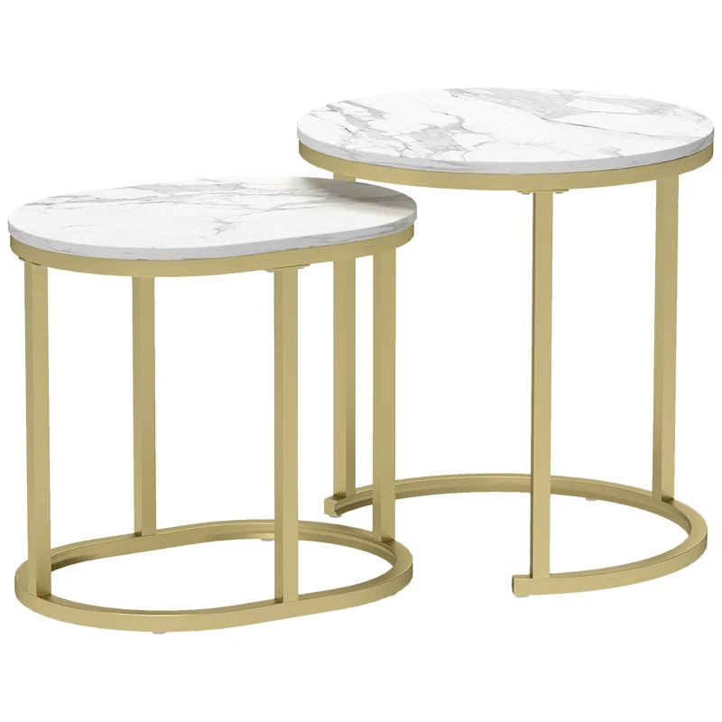 HOMCOM Set 2 Tavolini da Caffè con Piano Effetto Marmo, in Legno e Acciaio, Ø50x50.5 cm e 60x36x43.5 cm, Bianco