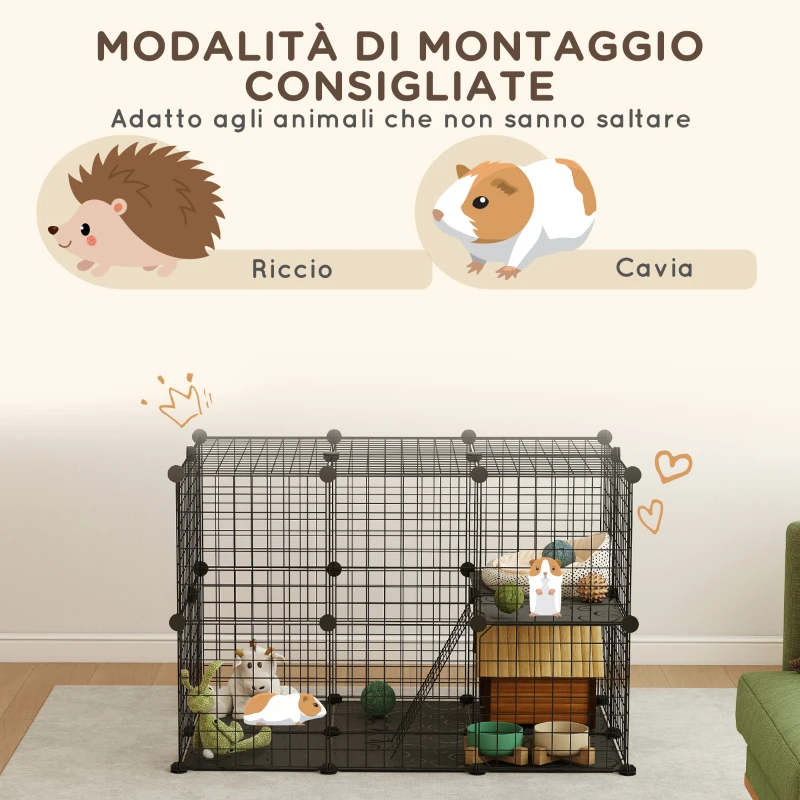 PawHut Gabbia Modulare per Conigli e Porcellini d'India Multilivello con 3 Porte e Fili d'Acciaio, Nero