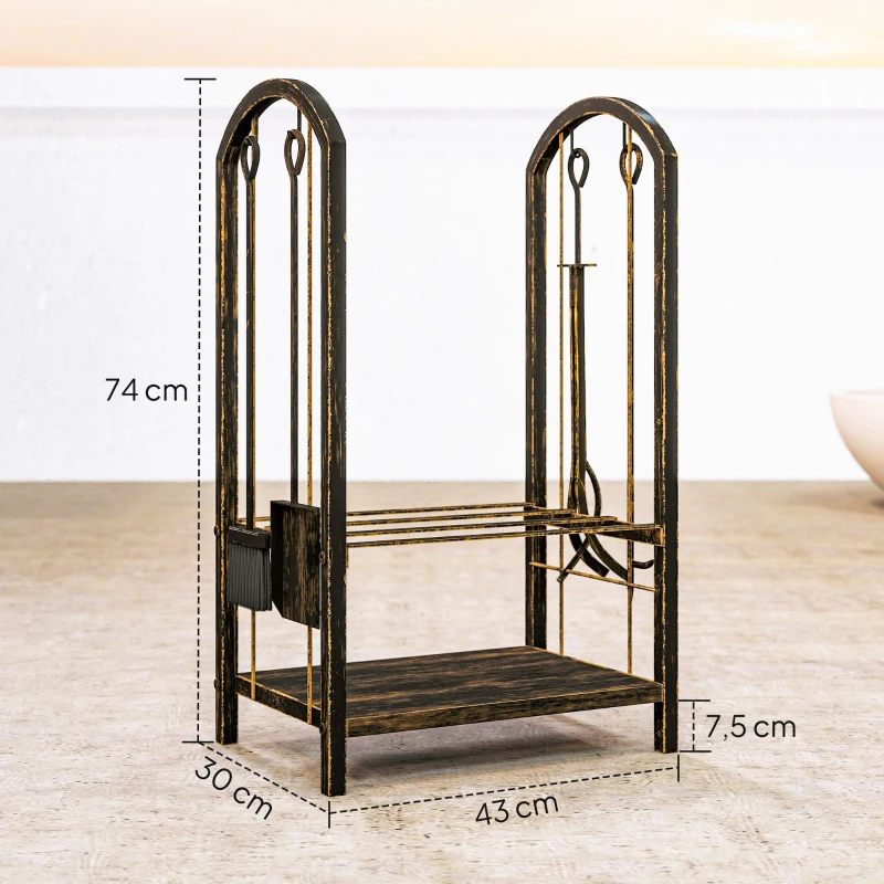 Outsunny Porte-bûches intérieur 43 x 30 x 74cm 2 Ebenen Brennholzregal mit 4 Kaminwerkzeug, Haken