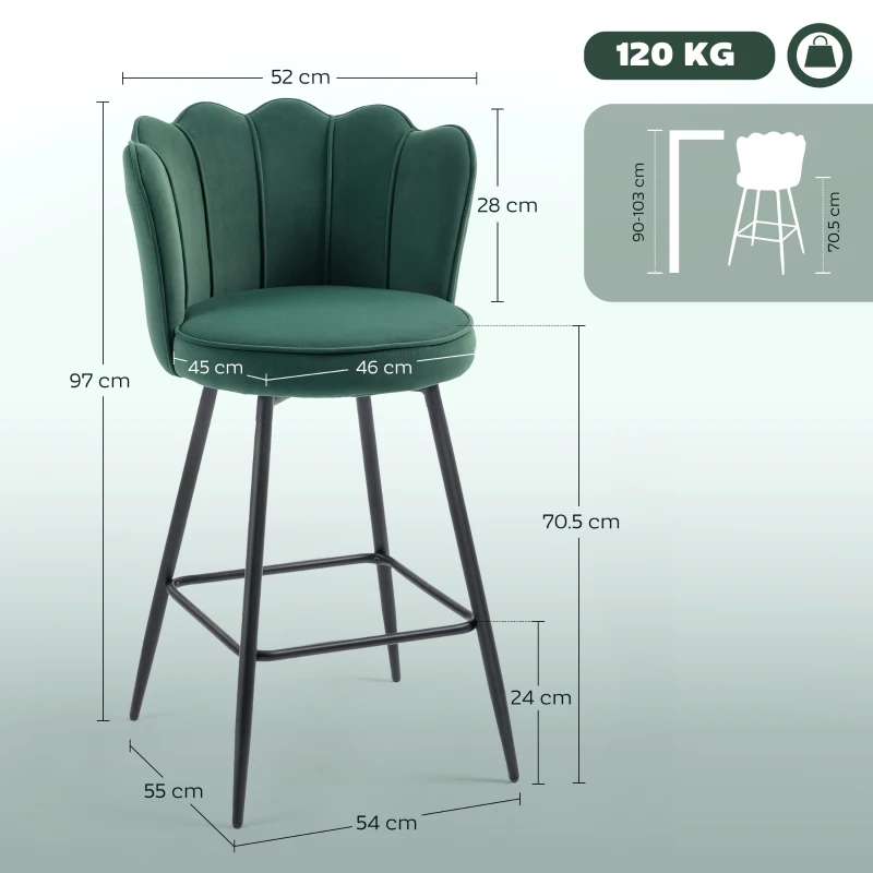 HOMCOM Set di 2 sgabelli da bar con schienale e poggiapiedi, Gambe in acciaio, 54 x 55 x 97 cm, Verde scuro