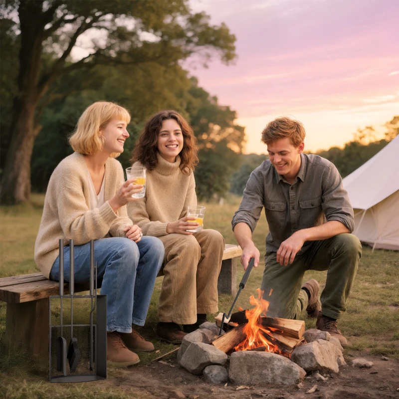 Outsunny Set di attrezzi per caminetto 5 pezzi, con scopa, paletta, punteruolo, pinza e supporto, in metallo, Nero