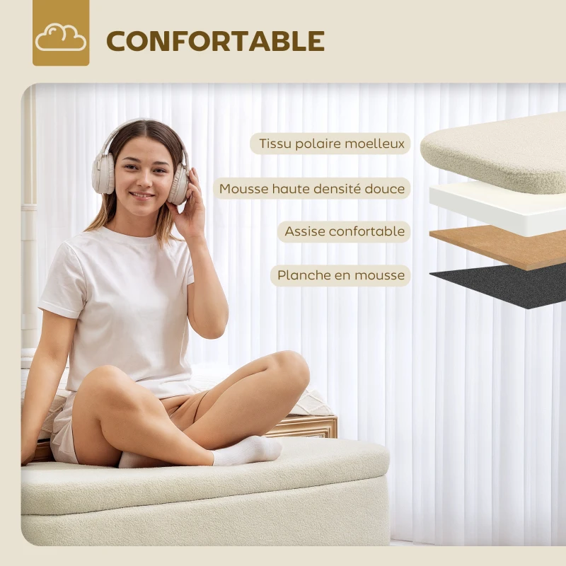 HOMCOM Banc de rangement, bout de lit avec couvercle, pieds en bois, capacité 65 L, jusqu'à 220 kg, 120x42x45cm, beige