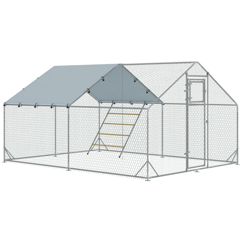 PawHut Gallinero Metálico de Exterior de 3x4m con Percha Multiusos Comedero Colgante Tipo Brocheta y Lona Protectora Resistente