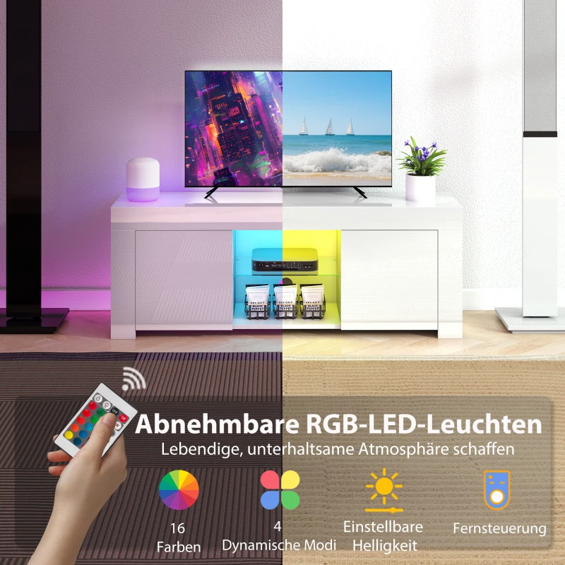 HOMCOM TV-kast met LED-verlichting, 2 kastdeuren, glazen plank, kabelopeningen, voor woonkamer, spaanplaat, wit(m-4)