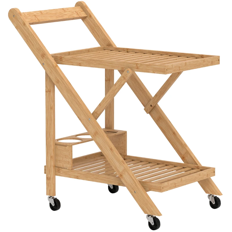 HOMCOM Carrello da Cucina Portavivande Pieghevole a 2 Livelli con Portabottiglie in Legno di Bambù