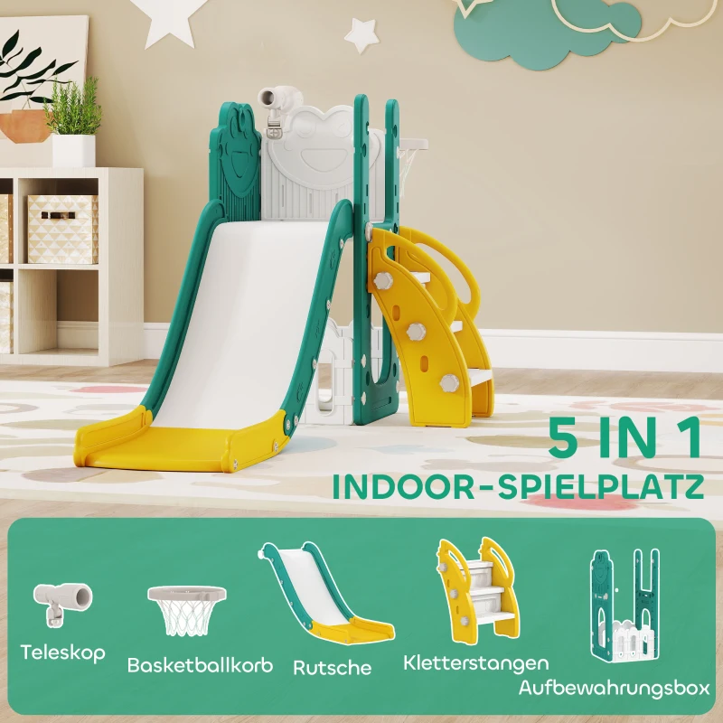 AIYAPLAY 5-in-1 kinderrutschenset, telescoop, basketbalnet, kunststof, Geel+Groen