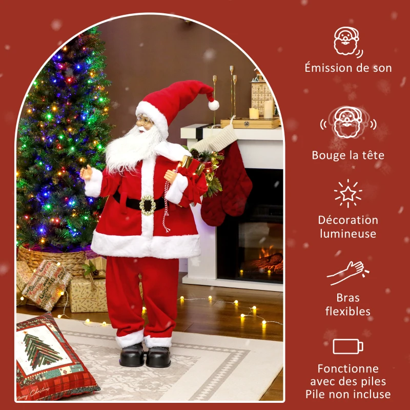 HOMCOM Figurine de Père Noël, debout de Père Noël, commande vocale, lumières LED scintillantes, bras pliables, 120 cm, rouge