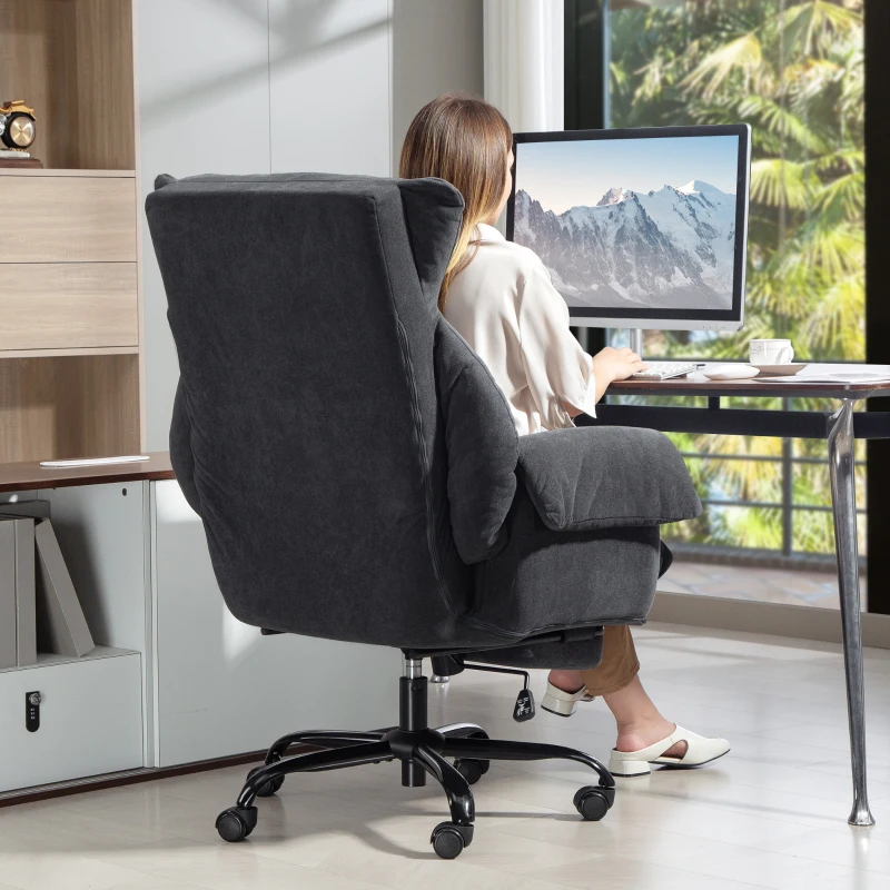 HOMCOM Silla de Escritorio con Reposapiés Respaldo Reclinable y Alto Asiento y Reposabrazos Anchos Acolchado Grueso Gris Oscuro