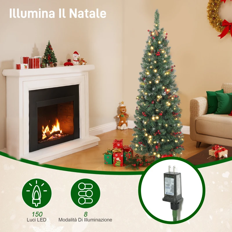 HOMCOM Albero di Natale Illuminato con 150 Luci LED, 30 Pigne e 30 Grappoli di Bacche, Ø60x150 cm, Verde e Argento